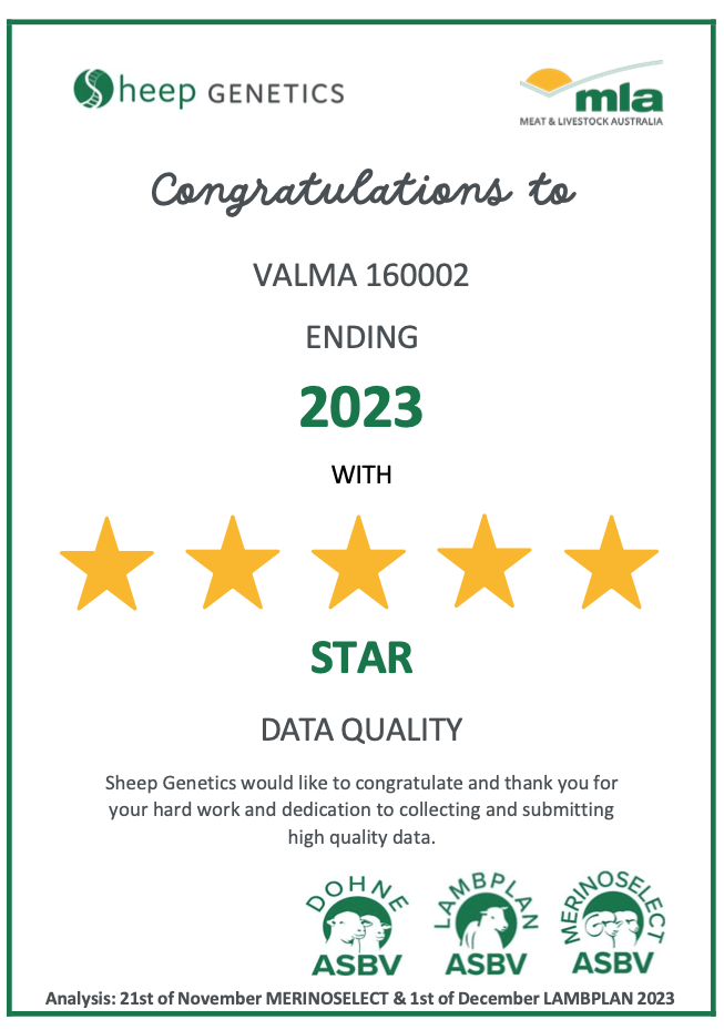 Sheep Genetics 2023 5 star data quality award. Valma 160002